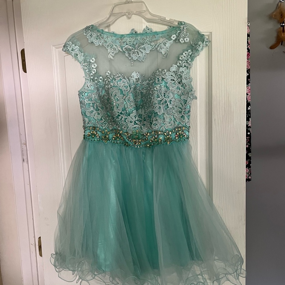 Dave & Johnny Aqua Lace Formal Kids Dress
